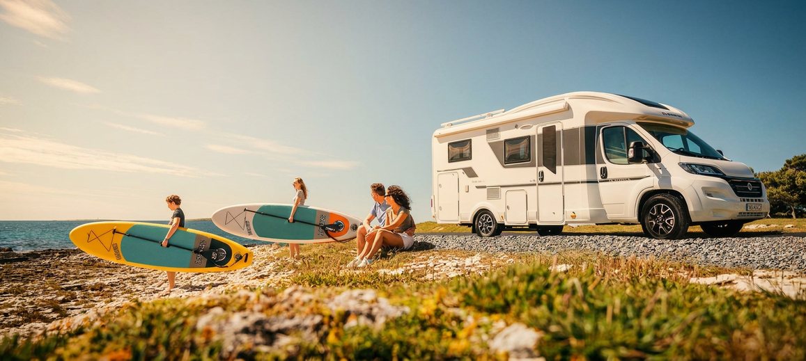 A family preparing surfboards beside a motorhome on the Italian coast